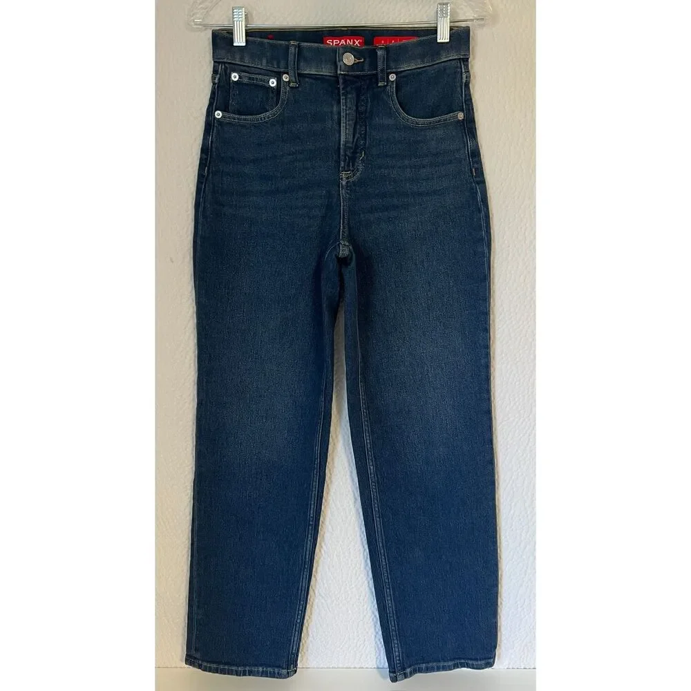 Spanx dark wash high rise straight leg jeans. Size SP.